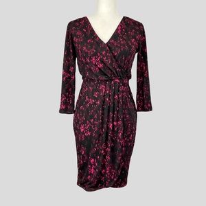 Tahari Womens Surplice Neck Faux Wrap Dress Burgundy Floral Print size 2